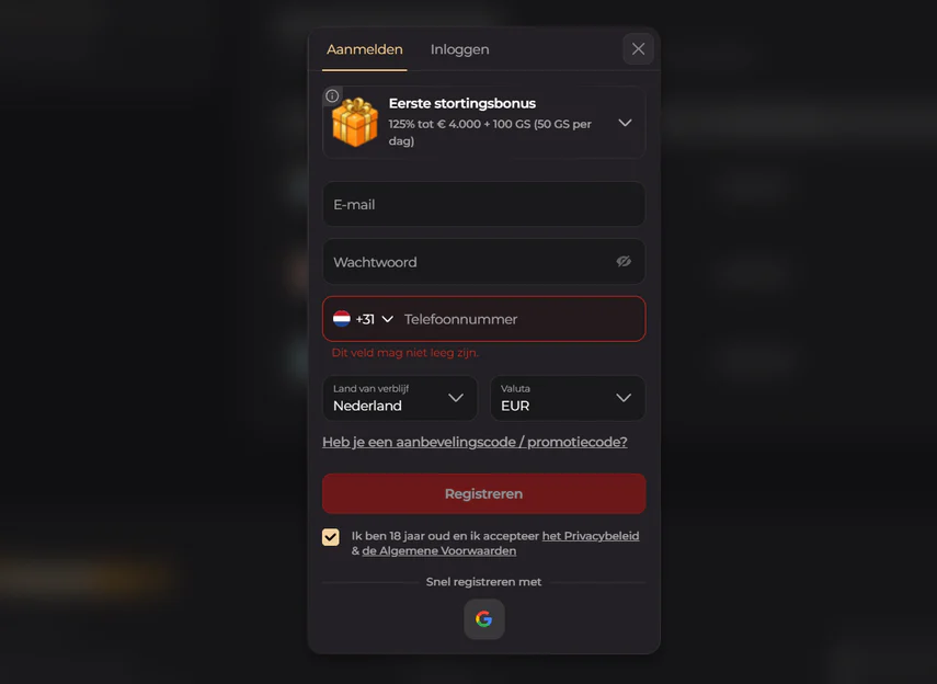 Crumbet Casino registratieformulier met eerste stortingsbonus, e-mail, wachtwoord, telefoonnummer, land en valuta