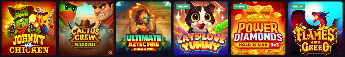 Crumbet Casino selectie van slots met Johnny vs Chicken, Cactus Crew, Ultimate Aztec Fire, Cats Love Yummy, Power Diamonds en Flames and Greed